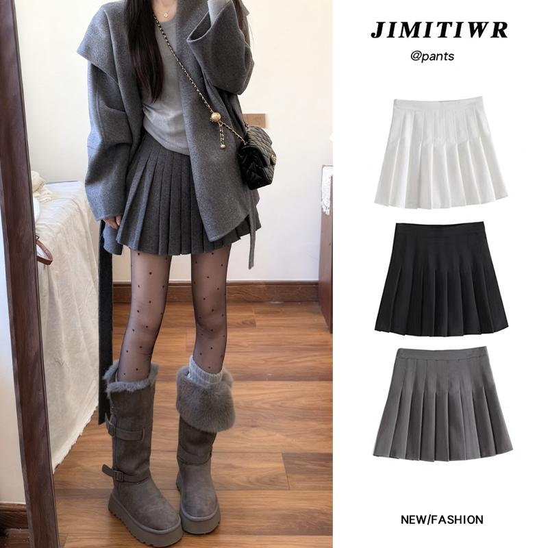 灰色毛呢百褶裙女秋冬季2025新款