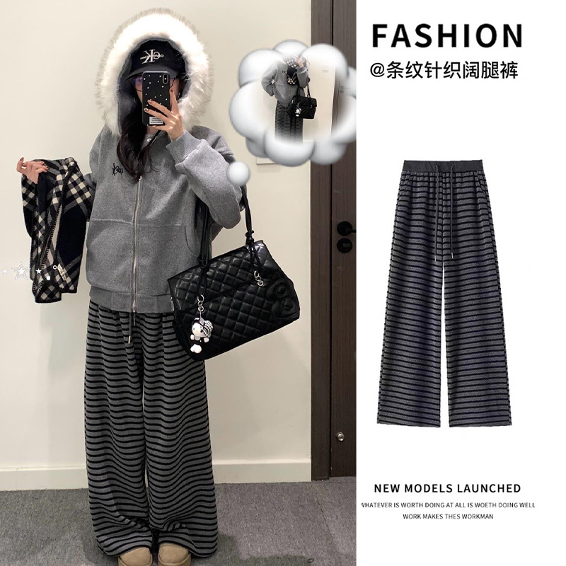 黑灰色条纹阔腿裤女秋冬