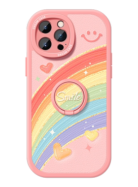 适用苹果16彩虹笑脸手机壳带支架