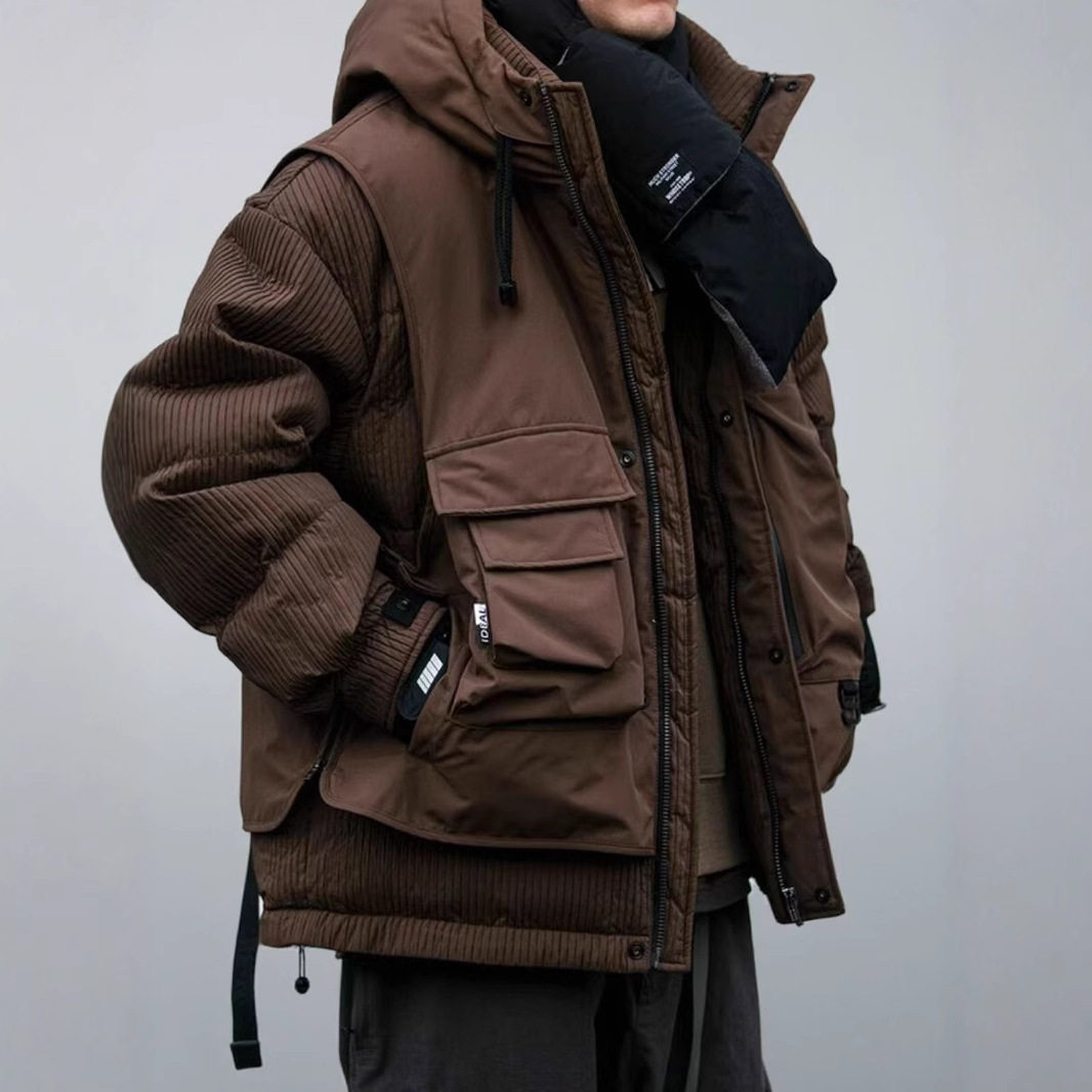 2025冬季户外拼接工装连帽羽绒服男潮牌宽松大码情侣白鸭绒外套