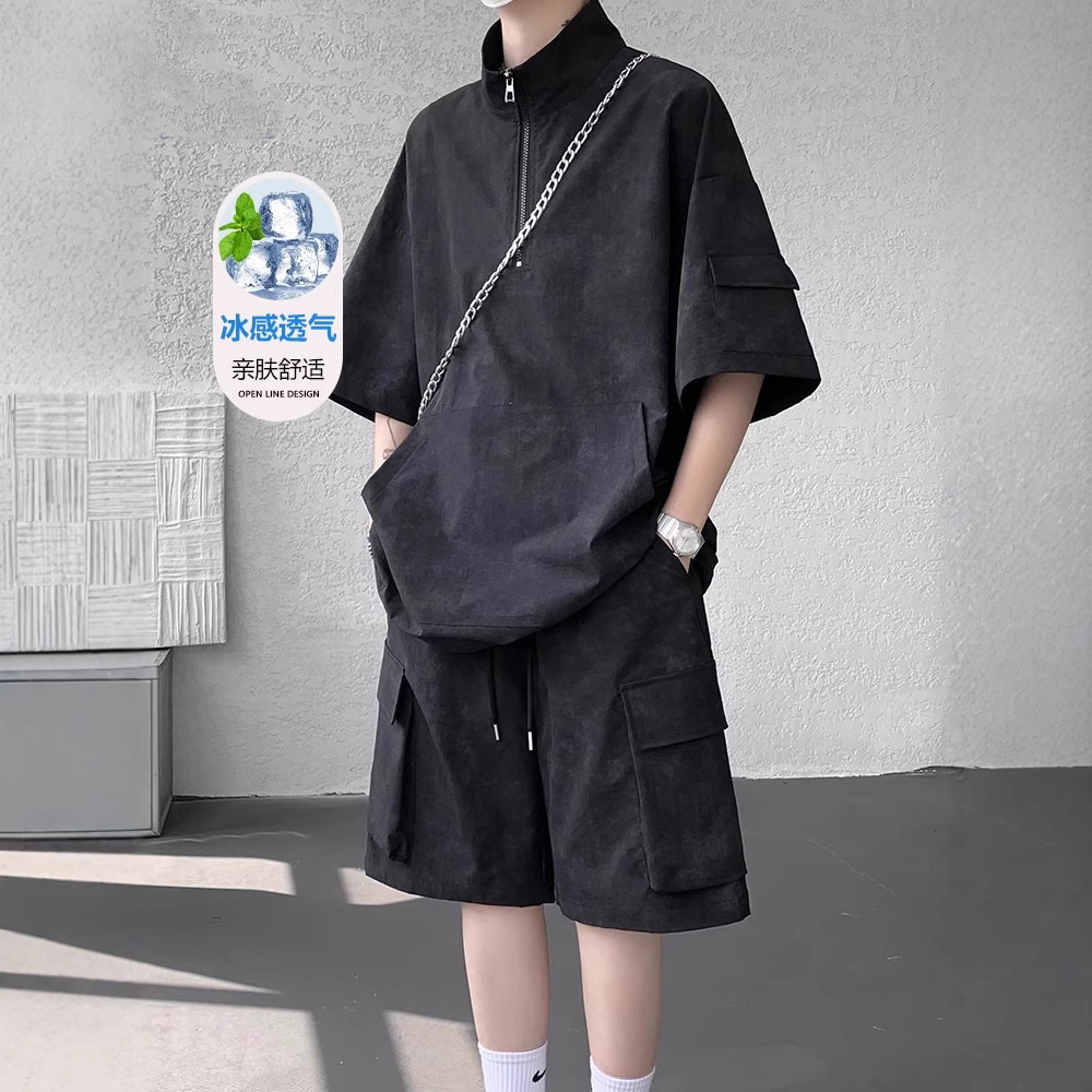 潮牌2025新款美式工装套装男士夏季宽松短袖短裤休闲冰丝