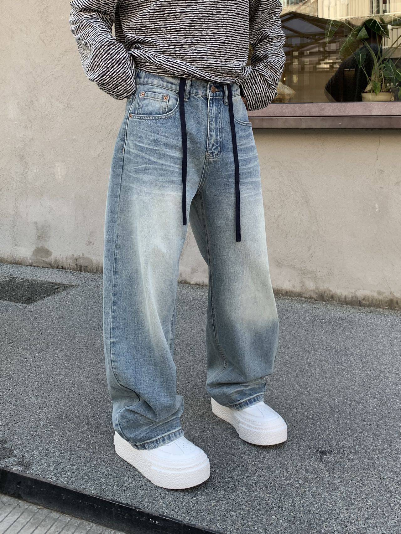 实体春秋冬季美式高街复古水洗做旧牛仔裤男士宽松直筒微弯刀长裤