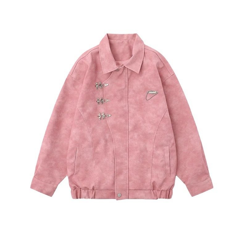 美式金属装饰粉色翻领皮衣夹克男女潮牌宽松百搭情侣外套