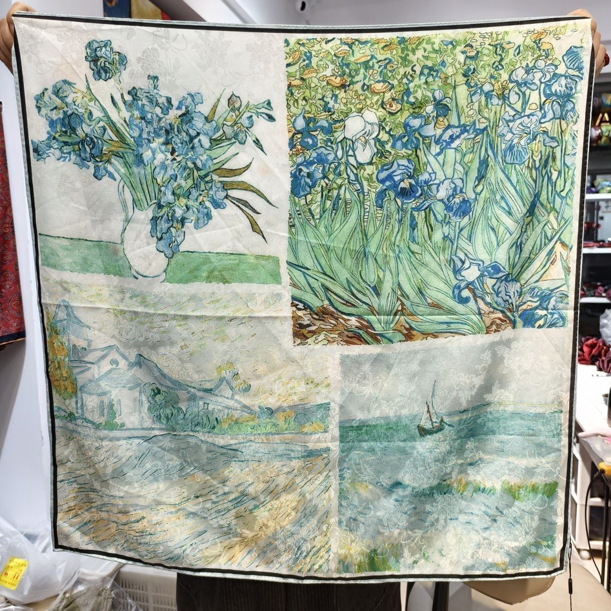 鸢尾花香云纱花萝70方巾双面双丝绸布料