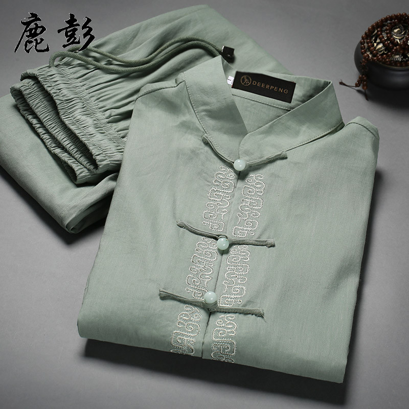 中老年人短袖唐装套装男爸爸装夏季中式中国风亚麻棉麻过生日衣服