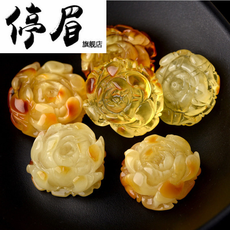 停眉蜜蜡牡丹花吊坠一物一图鸡油黄老蜜琥珀原石雕刻挂件项链男女