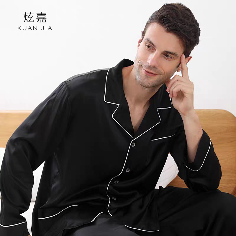 男士真丝睡衣100%桑蚕丝经典款长袖长裤套装高级感休闲居家家居服