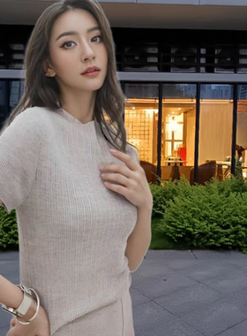 夏款女短袖修身显瘦气质上衣桑蚕丝羊毛半高领百搭洋气针织套头衫