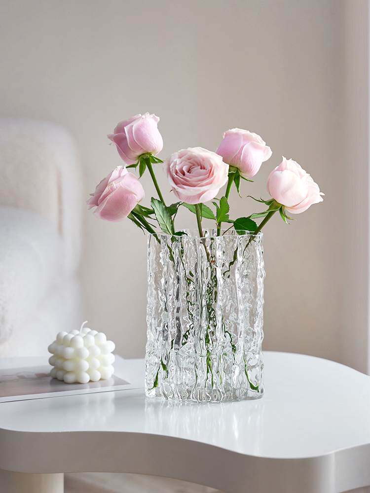 ins风客厅鲜花插花轻奢透明水养玻璃摆件高级感网红冰川花瓶餐桌