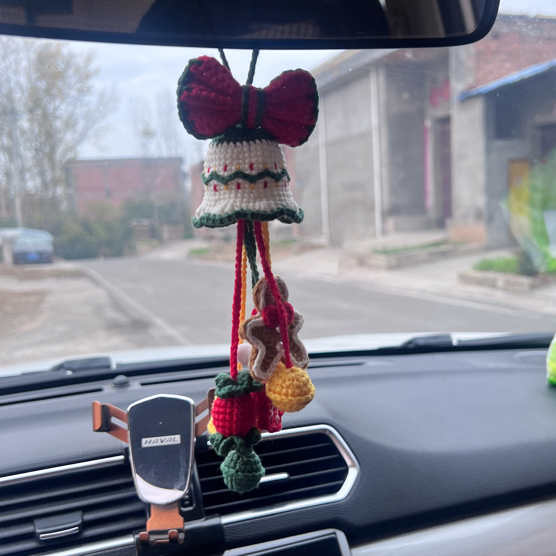 车载圣诞蝴蝶结风铃车挂手工编织后视镜挂饰材料包diy成品圣诞节