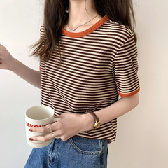 Real Price vintage contrast stripe T-shirt for women 2021 new summer skin friendly chic short sleeve top