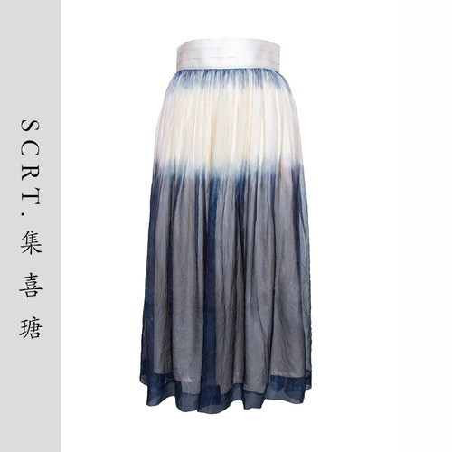 SCRT集喜瑭桑蚕丝蓝色扎染百褶真丝半裙SFS21892