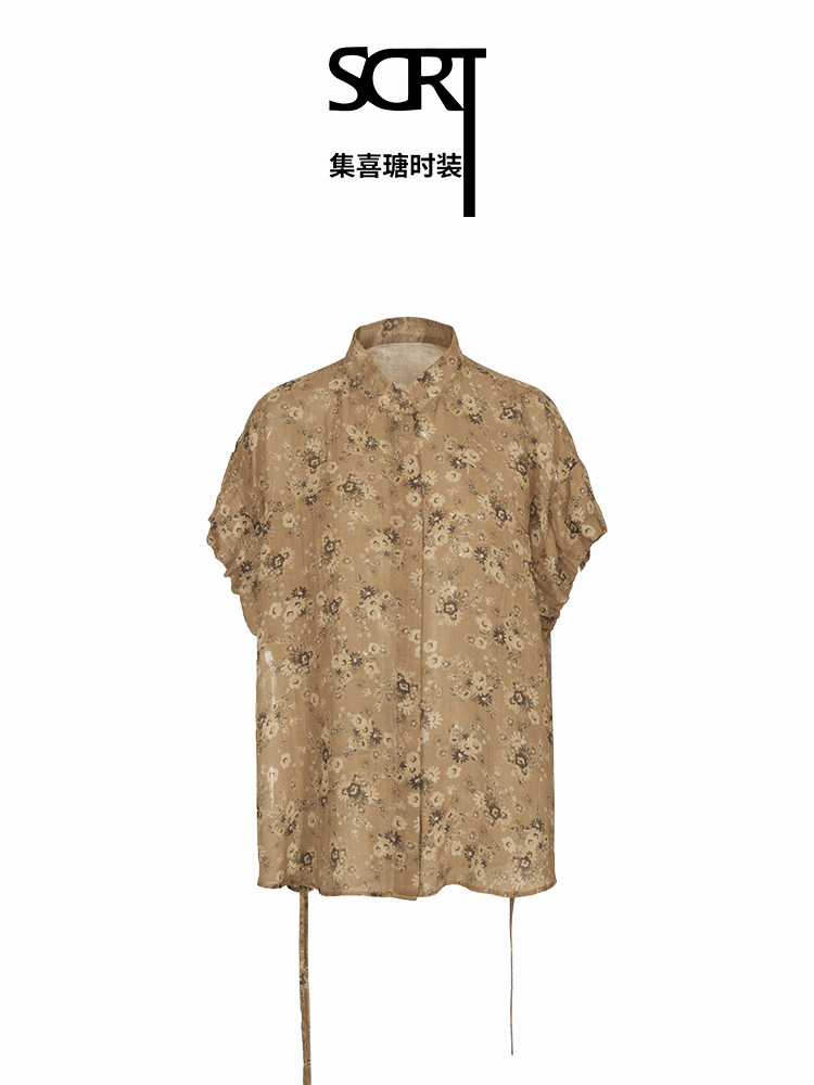 SCRT集喜瑭新中式苎麻碎花小飞袖侧抽绳无袖衬衫上衣SFS3306