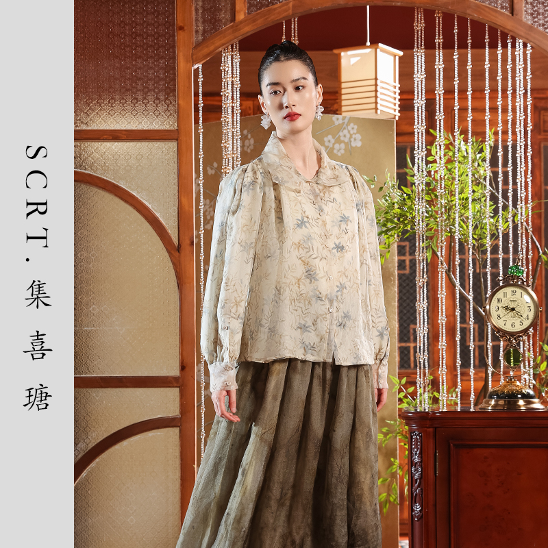 SCRT集喜瑭复古桑蚕丝欧根缎双层印花上衣外套SFS2769