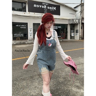 连体短裤 女高腰遮肉显瘦修身 设计感 流苏复古牛仔背带裤 微胖mm大码