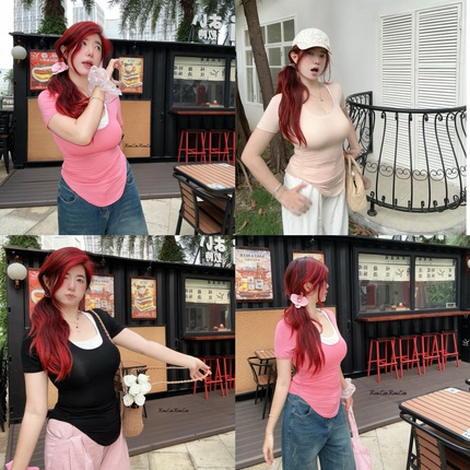 垫底辣妹/微胖mm大码白女性感u领修身掐腰显瘦微透t恤女短袖上衣
