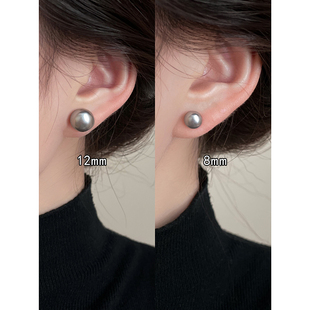 真多麻灰色馒头珍珠耳钉女款法式复古小众简约耳环轻奢高级感耳饰