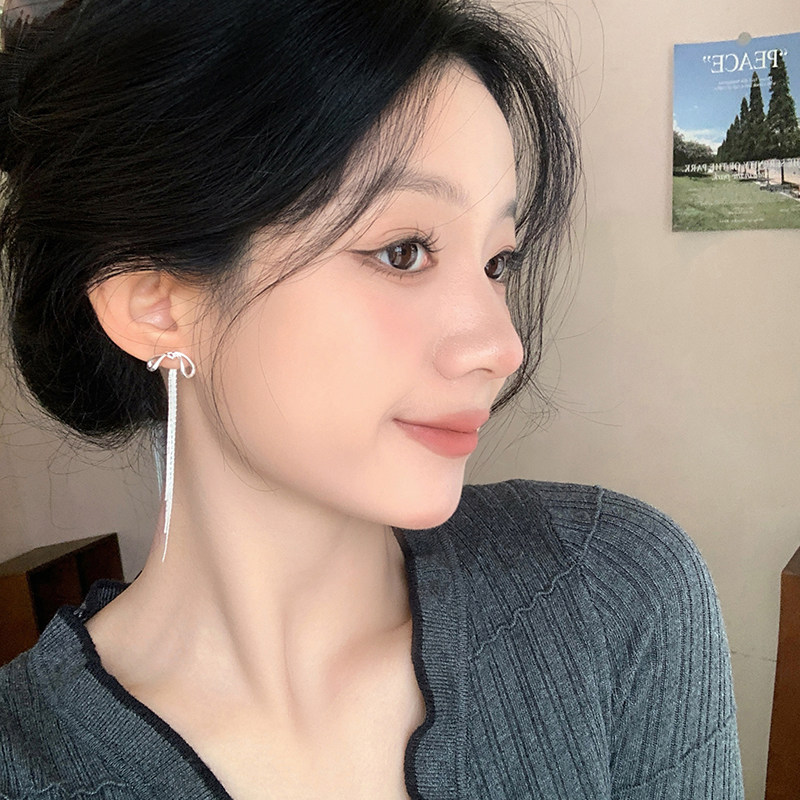 银色蝴蝶结流苏耳环一款两戴耳钉图片