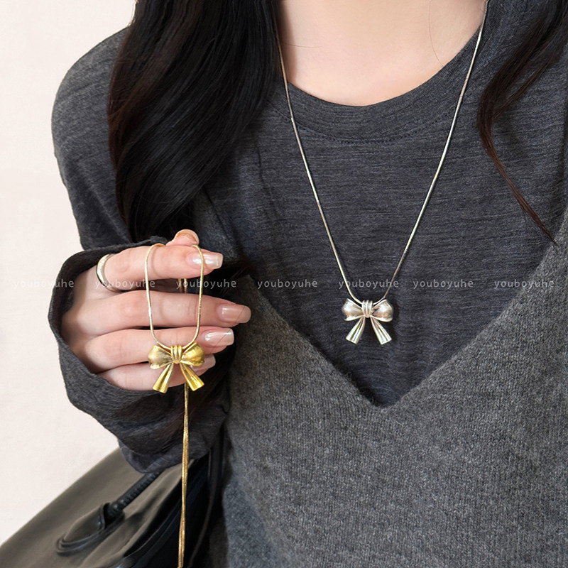 蝴蝶结吊坠项链女小众设计抽拉可调节毛衣链2025年新款t恤配饰品,饰品/流行首饰/时尚饰品新,项链,淘宝优惠券,粉丝福利购,淘宝优惠卷