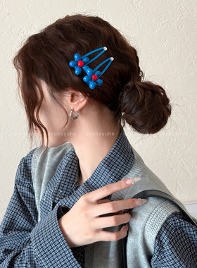 超显白！蓝色花朵侧边发夹女2025年新款甜美少女前额刘海发卡发饰