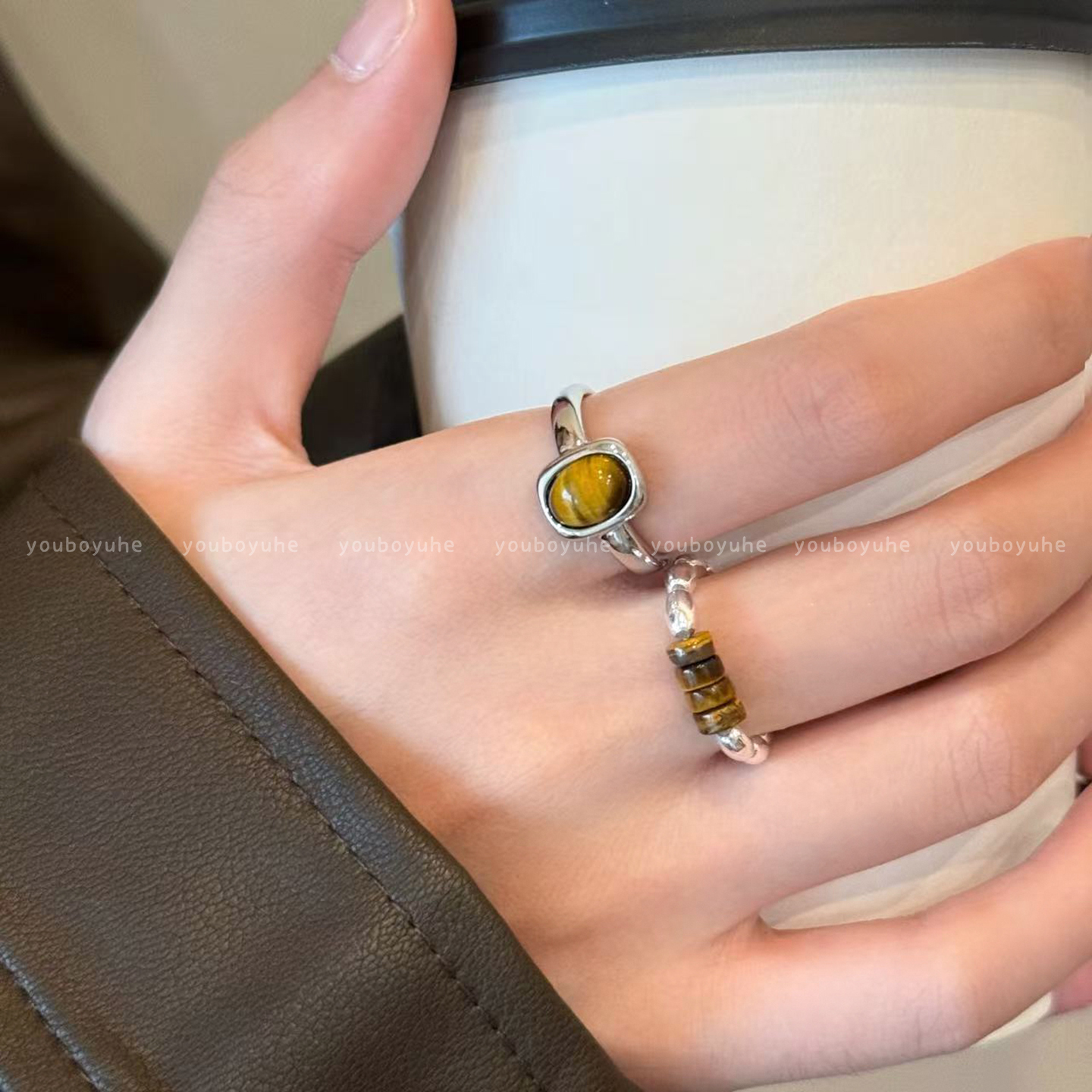 复古虎眼石串珠戒指叠戴食指戒女