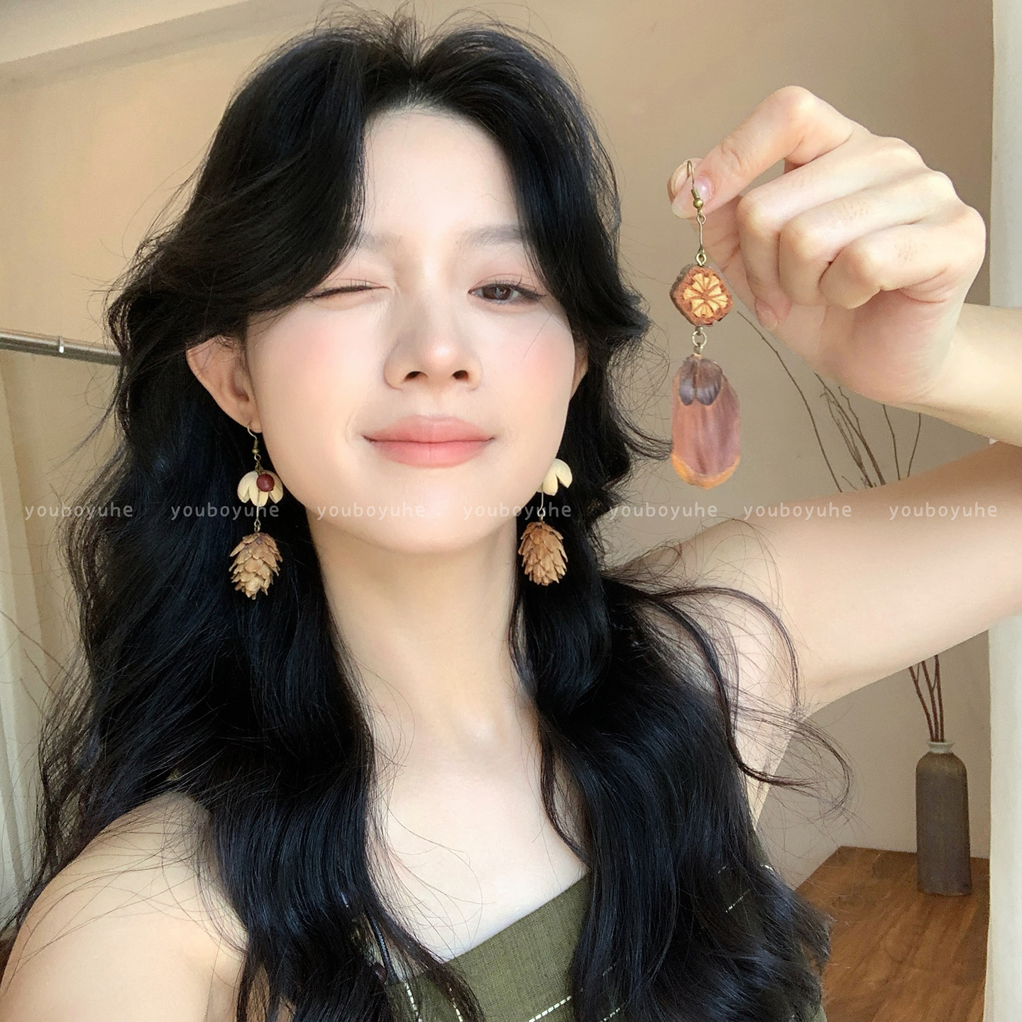 天然植物橡果果实耳环森系耳钩女