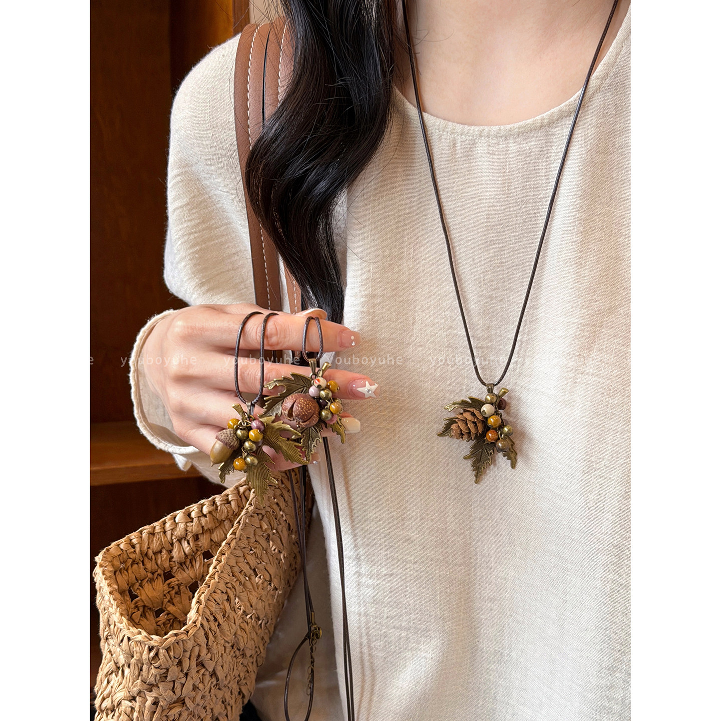 新中式松果树叶串珠项链女波西米亚民族风挂脖毛衣链个性装饰配饰