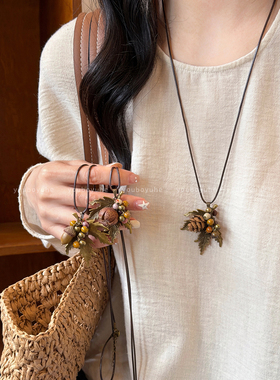 新中式松果树叶串珠项链配饰