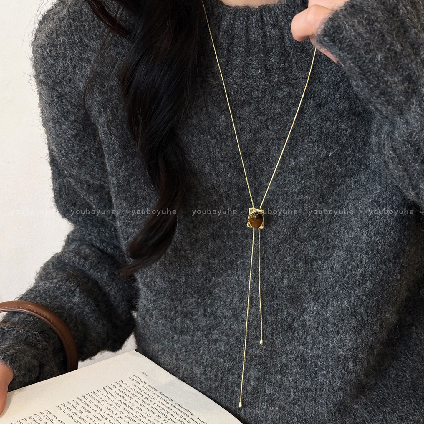 方形虎眼石可调节轻奢高级感项链