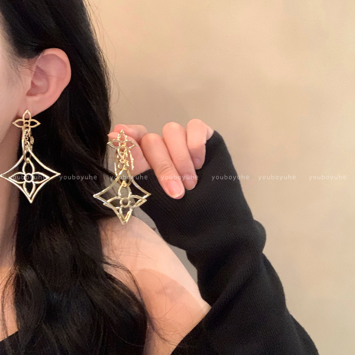 欧阳娜娜同款金色几何菱形耳环