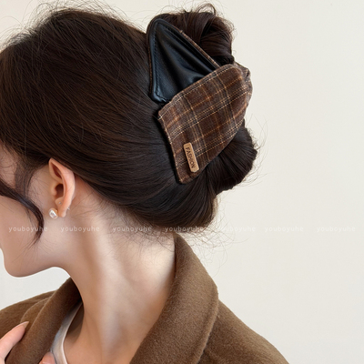 复古格纹三角抓夹高级感发夹女