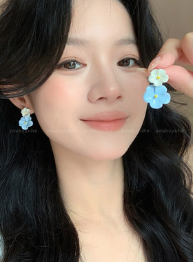 蓝白撞色甜美耳钉小众夏日耳环女