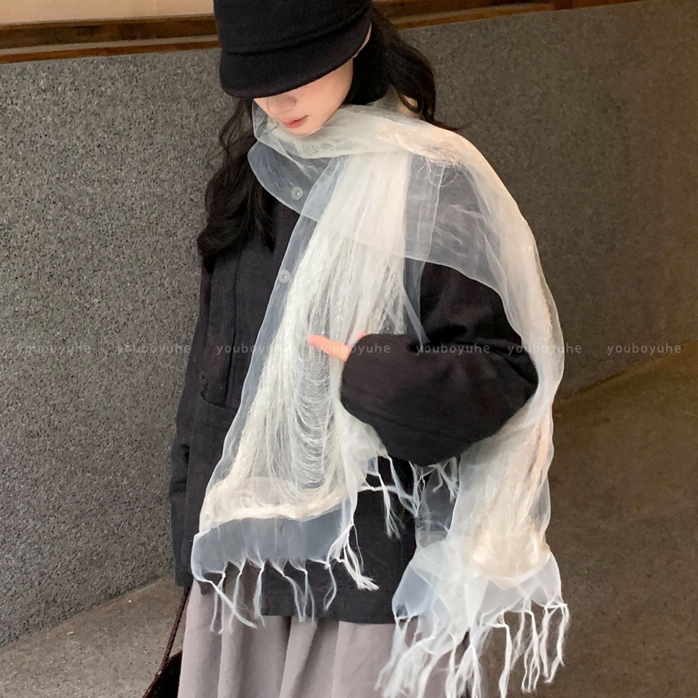 法式超仙白色长条流苏丝巾围巾女