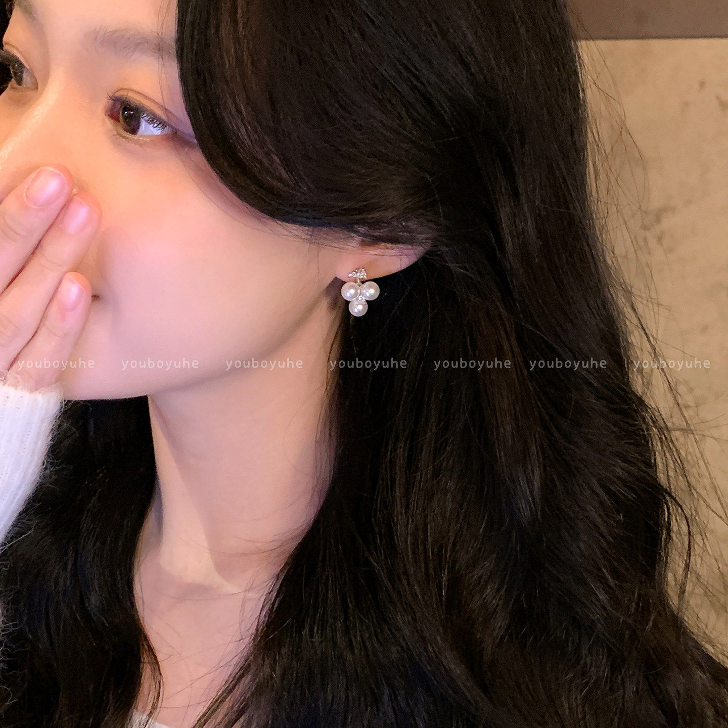 气质小香~珍珠葡萄串耳环女高级感大气百搭耳钉轻奢小众银针耳饰