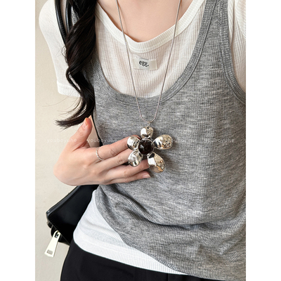 古银色花朵吊坠项链夸张个性配饰