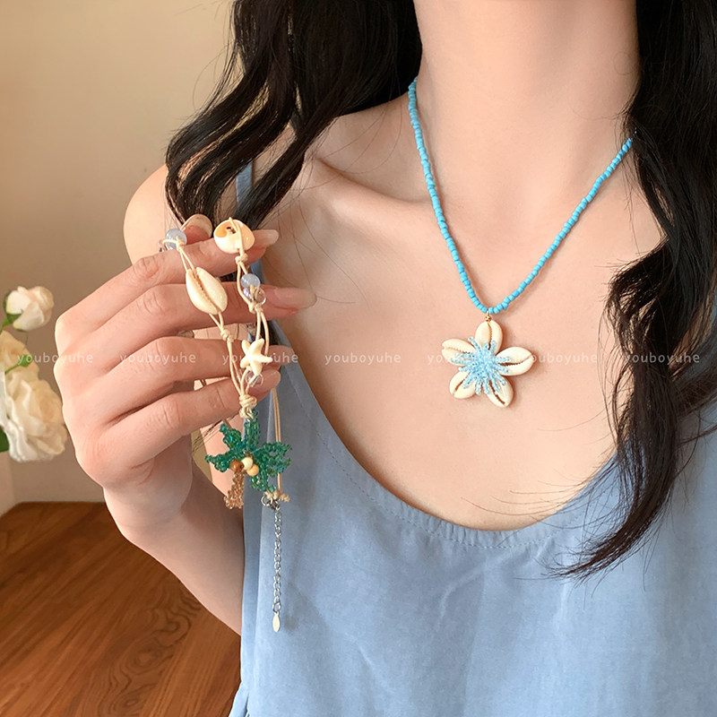出片神器~ 夏季海边度假风天然贝壳串珠项链女甜美少女小花锁骨链