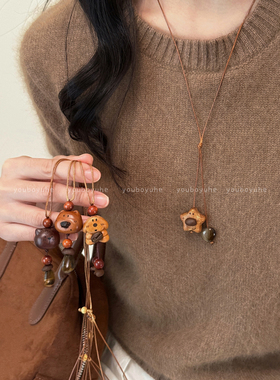 虎眼石木质小熊狗狗小众设计项链