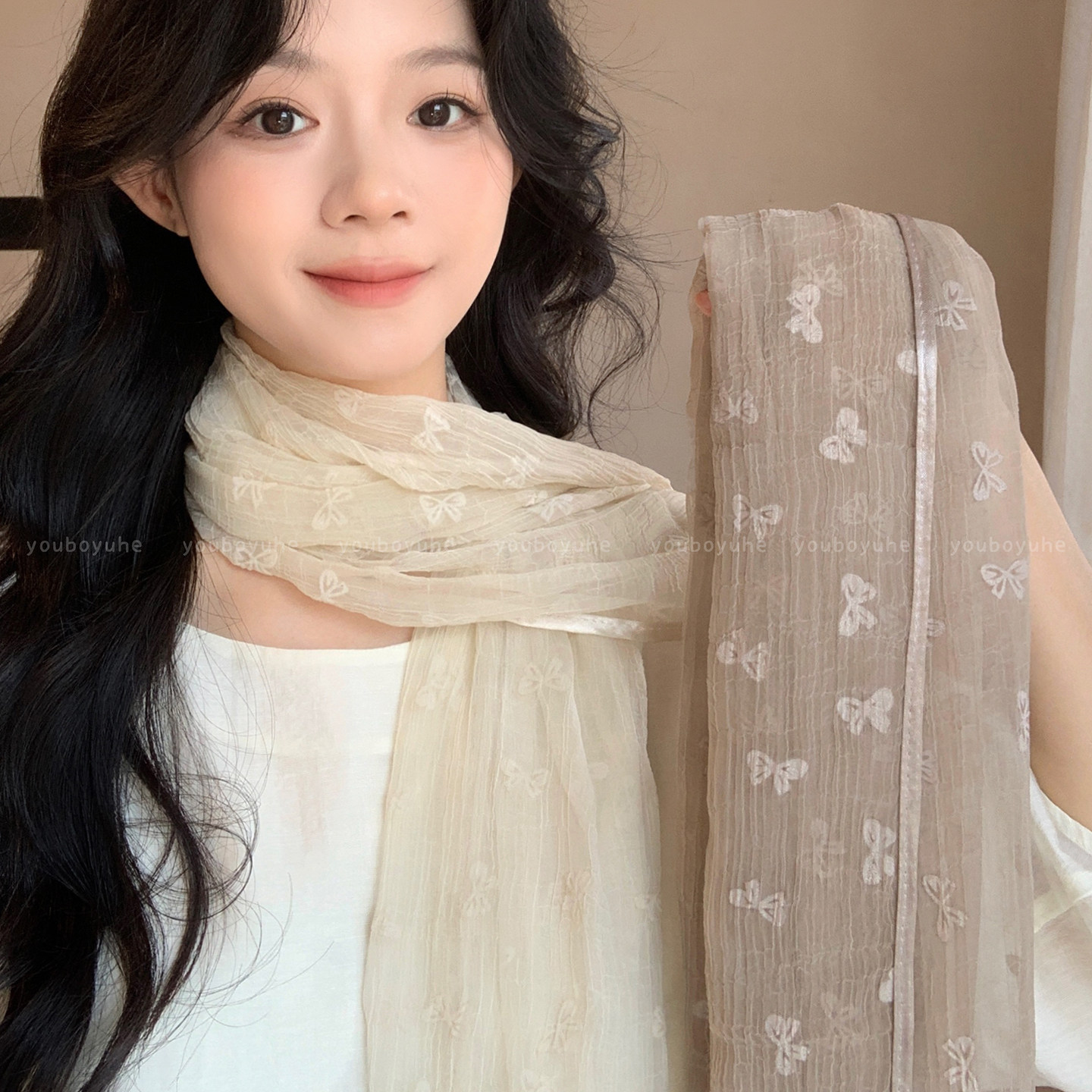 薄纱蝶韵~温柔风白色蝴蝶结丝巾女2026新款秋季围巾外出百搭披肩