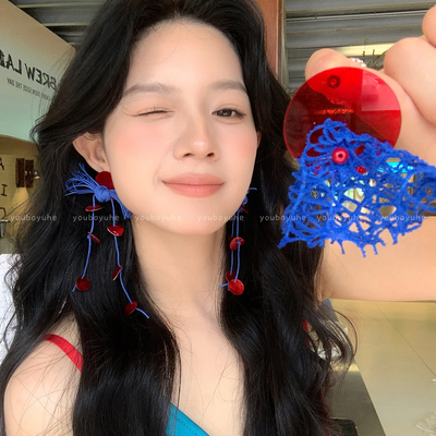 夏日红蓝撞色流苏耳环度假耳钉女