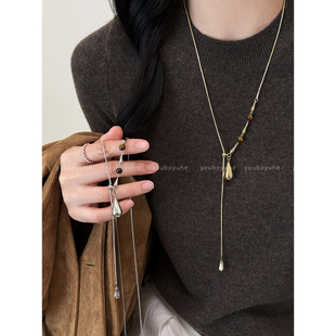 低调质感~ 金色虎眼石水滴长款项链女轻奢小众毛衣链秋冬精致配饰