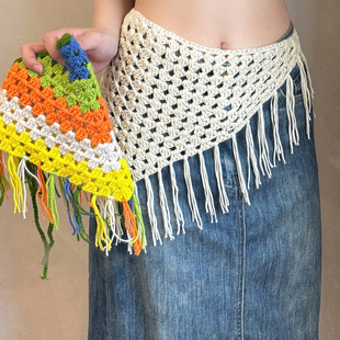 一款两戴~民族风手工针织屁帘头巾高级感三角巾波西米亚度假配饰