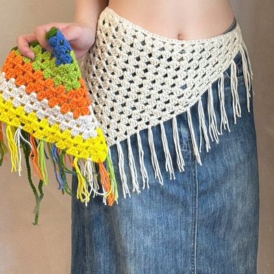 一款两戴~民族风手工针织屁帘头巾高级感三角巾波西米亚度假配饰