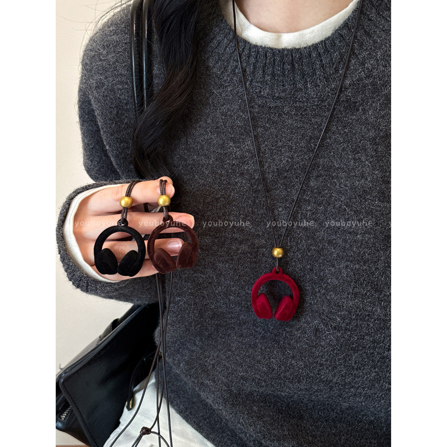 韩系少女！丝绒耳机吊坠项链女小众设计感百搭毛衣链秋冬复古配饰,饰品/流行首饰/时尚饰品新,项链,淘宝优惠券,粉丝福利购,淘宝优惠卷