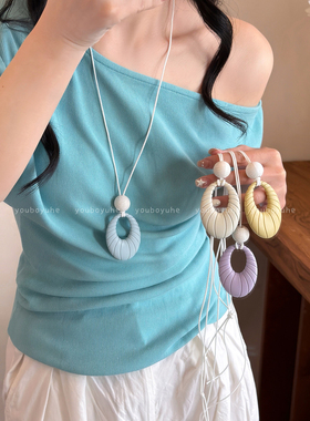 蓝色椭圆吊坠项链女长款挂脖配饰