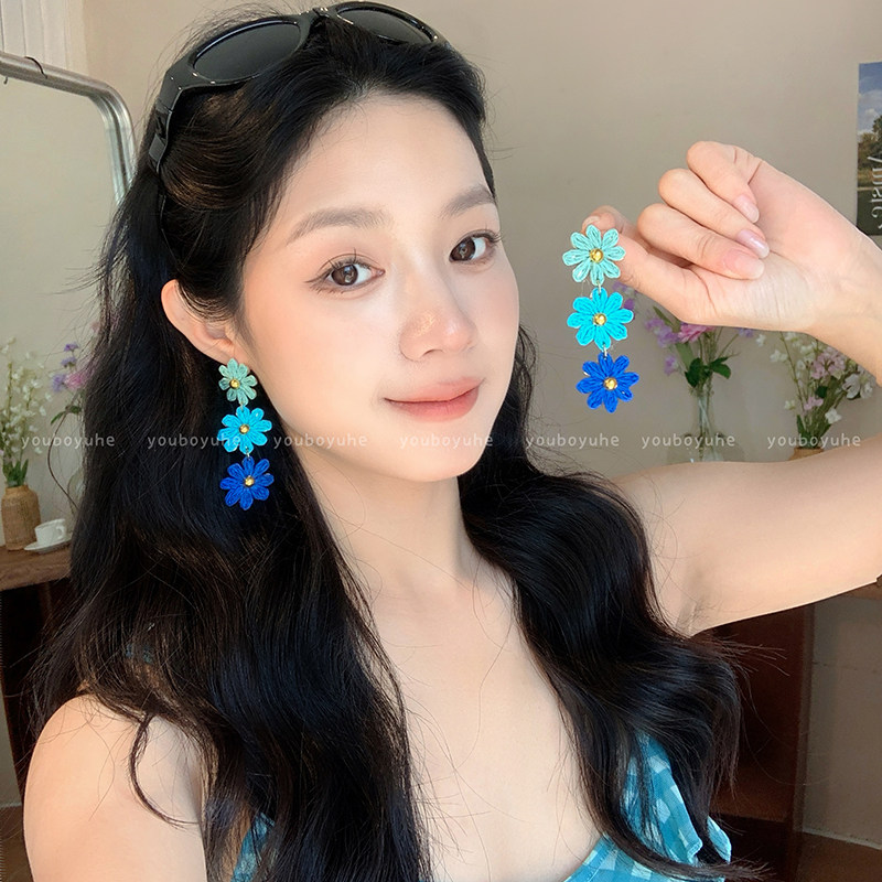 三色花海~彩色草编花朵耳环女海边度假夸张流苏耳钉独特绝美耳饰