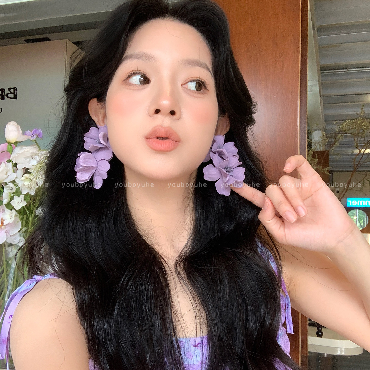 绝美氛围紫色花朵耳环夸张耳钉女图片