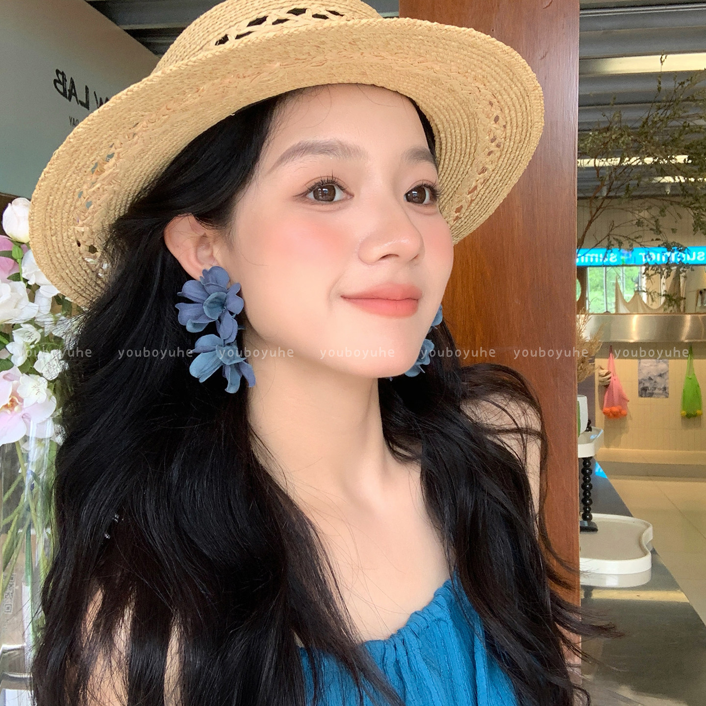 克莱因蓝~ 超仙蓝色并蒂花朵耳环女度假风夸张耳钉高级感小众耳饰,饰品/流行首饰/时尚饰品新,耳环,淘宝优惠券,粉丝福利购,淘宝优惠卷