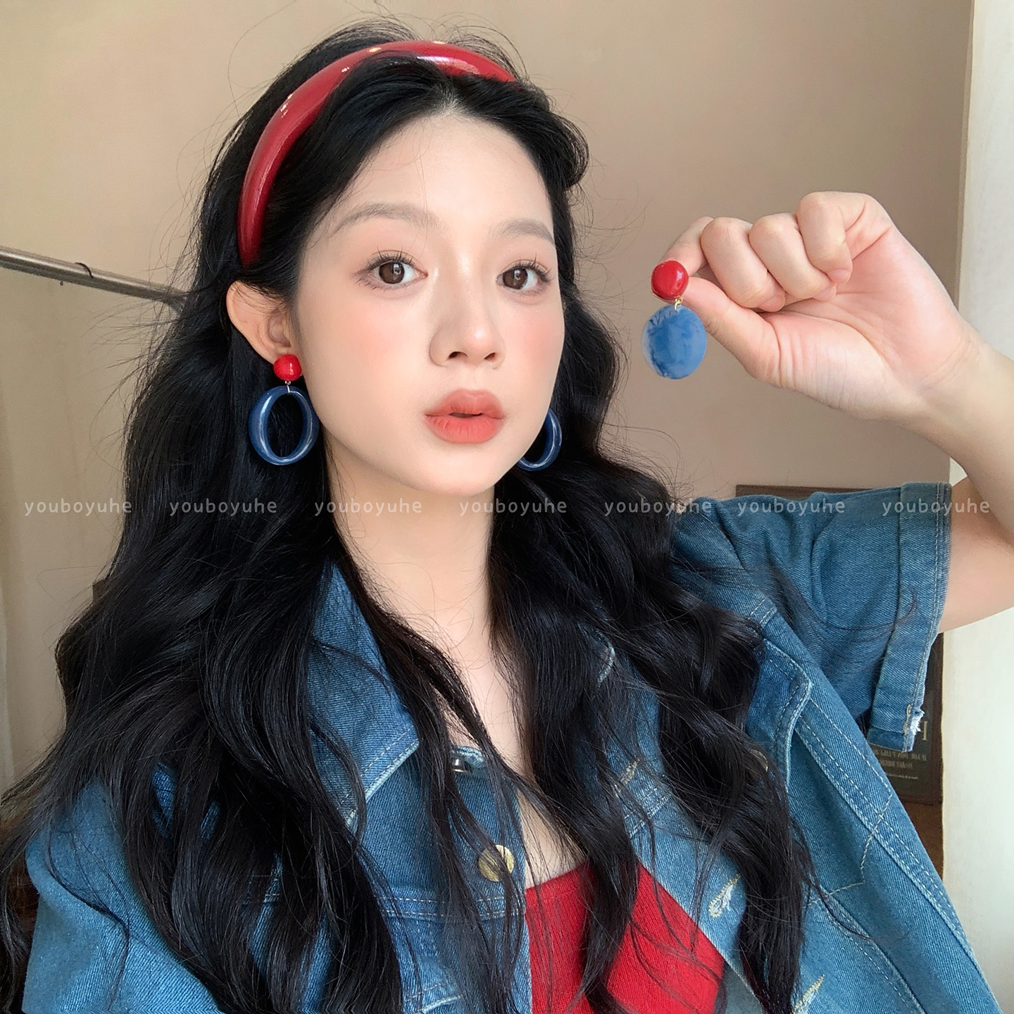 迷雾蓝色几何圆片耳环女复古耳钉