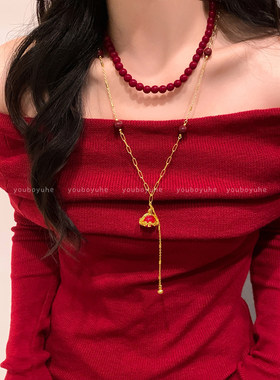 西太后红色土星吊坠流苏叠戴项链