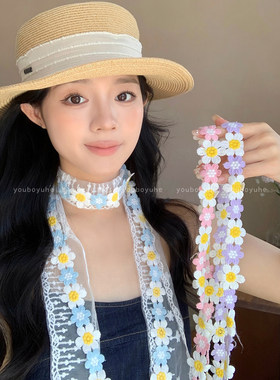 度假风蕾丝雏菊花朵细长条丝巾女